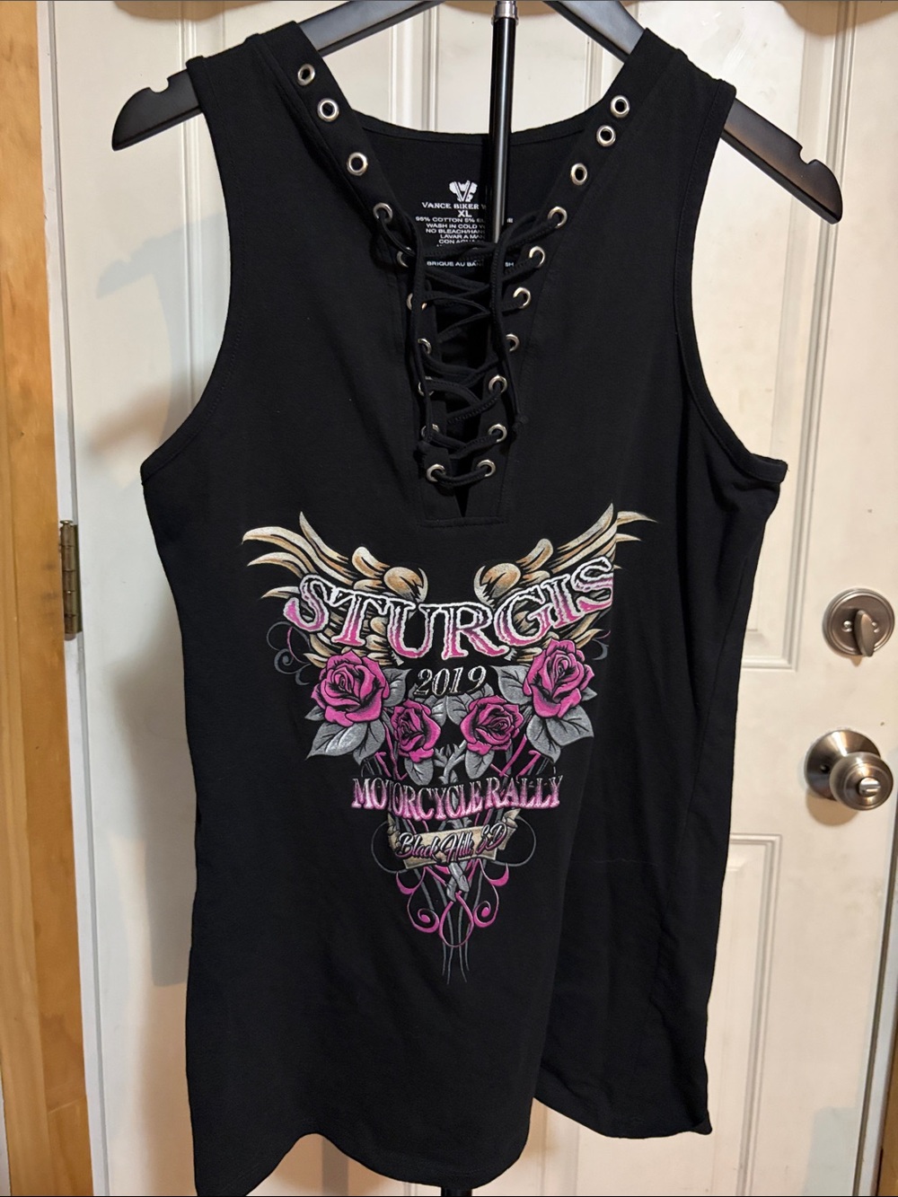 Vance Biker Wear Women's Sturgis Lace Up Grommet Tank with Pink Roses